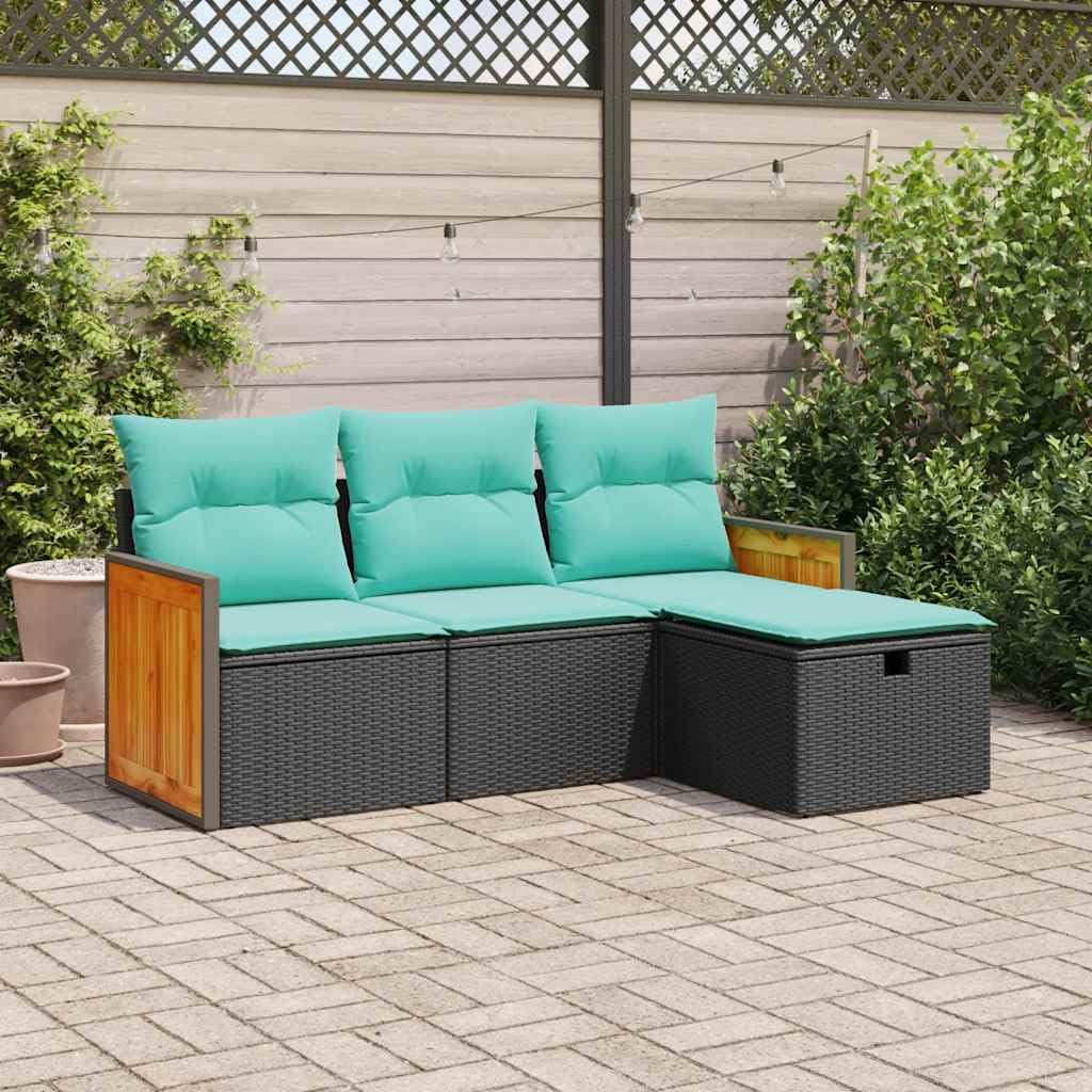 vidaXL 4-Piece Poly Rattan Patio Sofa Set/Garden Seating with Cushions - Modern Black and Blue Design/Poly Rattan Material/Storage Function - Versatile Outdoor/Indoor use