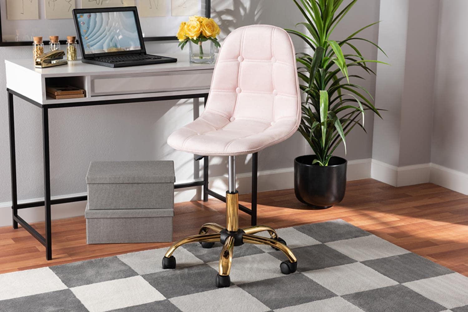 Baxton Studio Kabira Pink Velvet Fabric And Gold Metal Swivel Office Chair