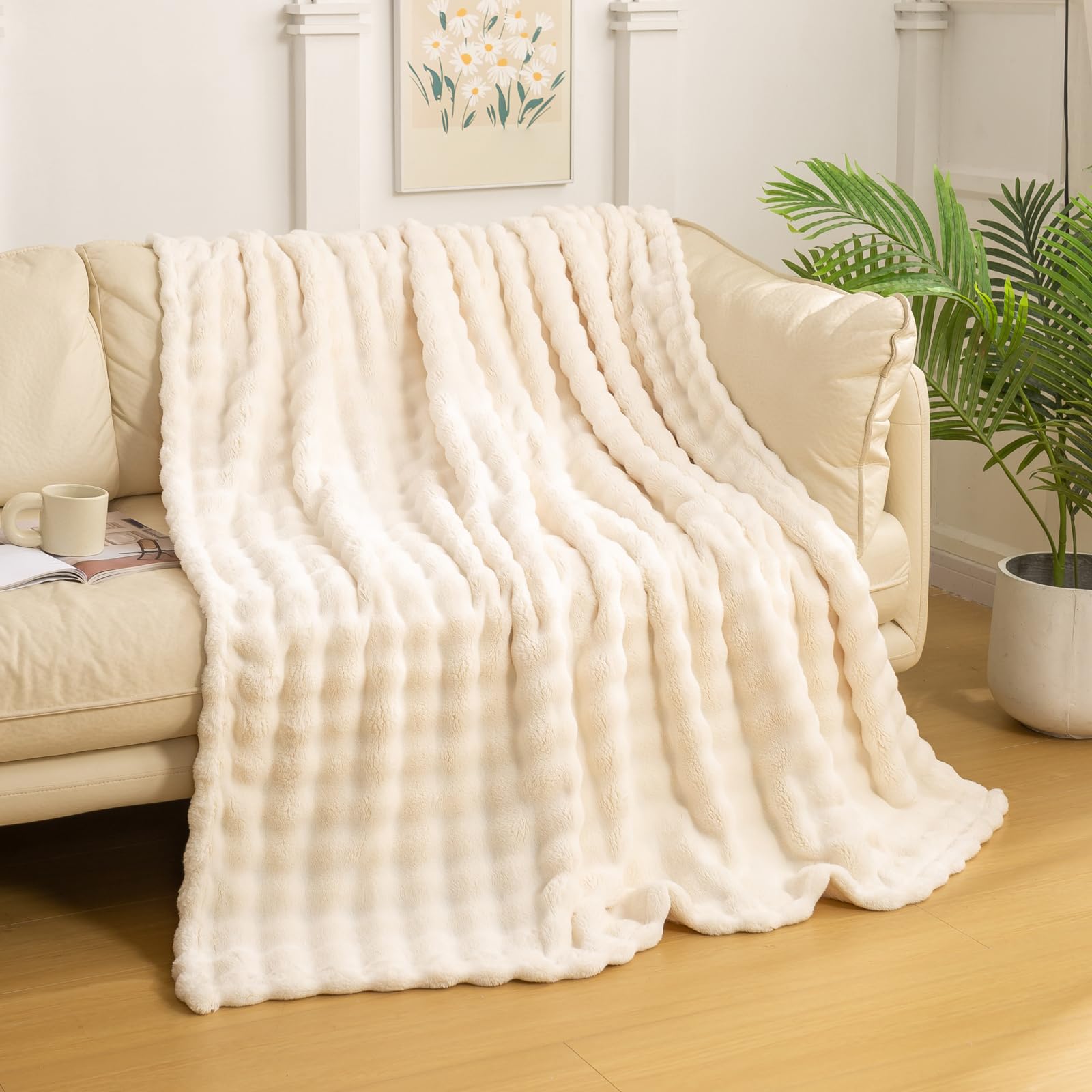 Yusoki Faux Fur Throw Blanket With 3D Bubbles Super Soft Fuzzy Cozy Thick Blanket For Couch Chair Sofa Gift Home D  Cor(Ivory,50