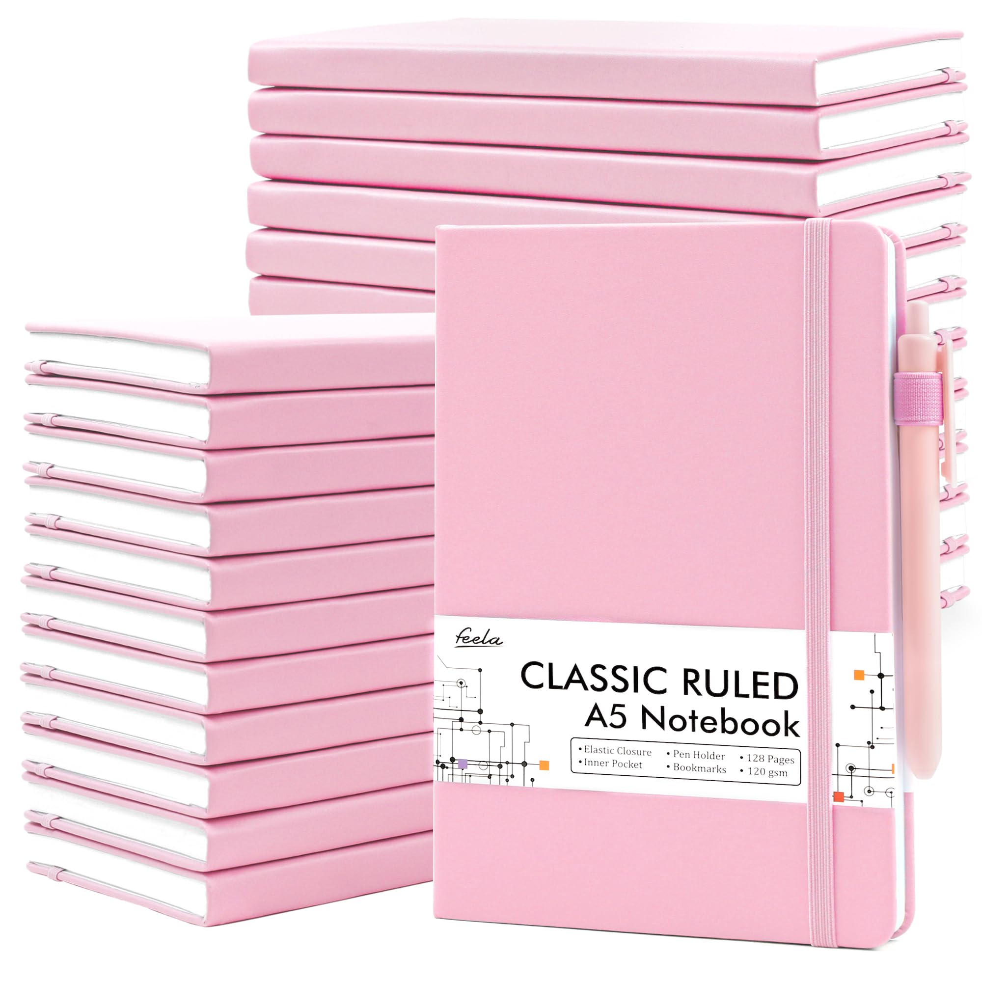 Feela 24 Pack Journal Notebook Bulk For Work, Business Notebook Hardcover Lined Writing Journal With Pen Holder For Men Women No