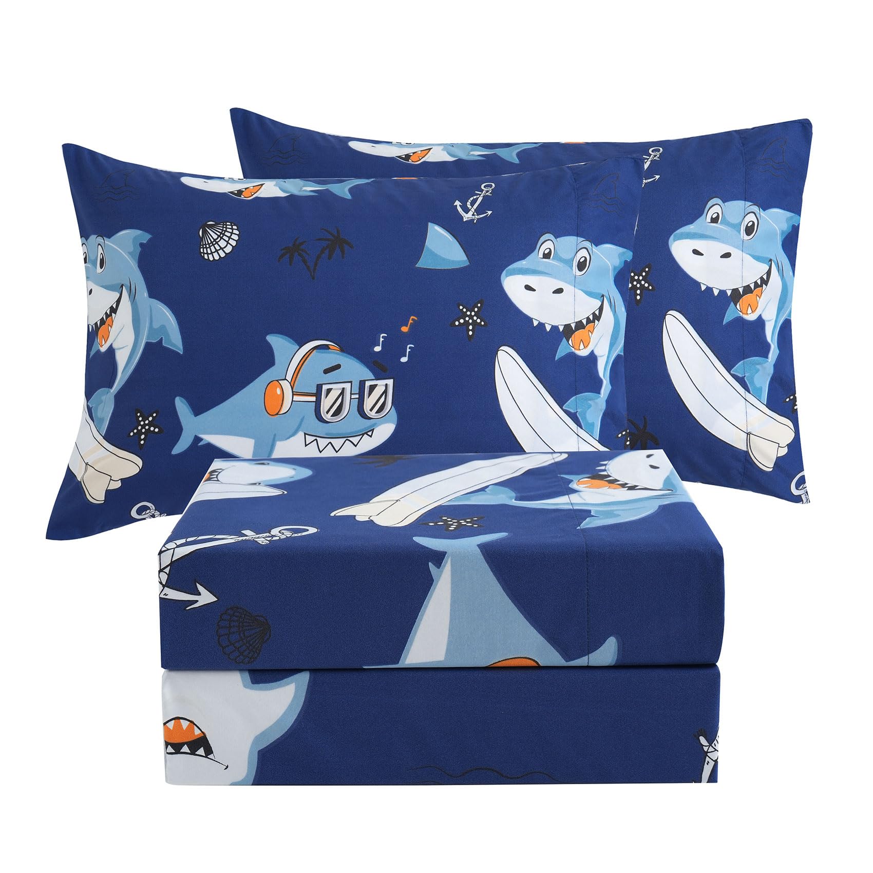 Jsd Blue Shark Surfing Kids Sheet Set Full Size, 4 Piece Nautical Printed Microfiber Sheets Deep Pocket