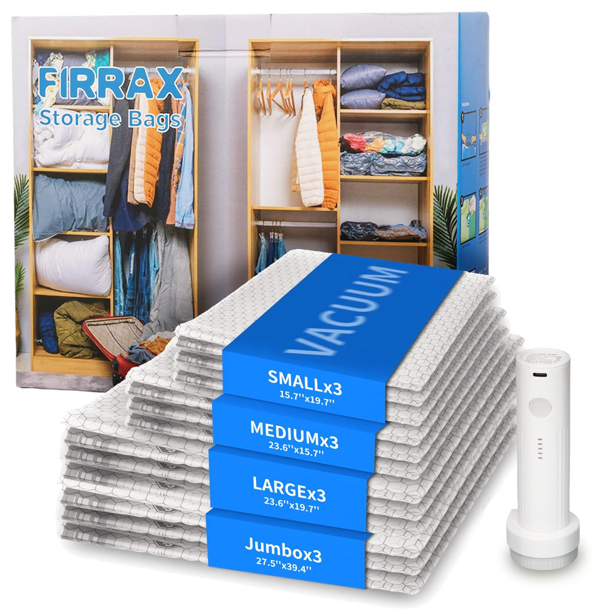 FIRRAX 12 Pack Vacuum Storage Bags with Rechargeable Pump, 4 Sizes