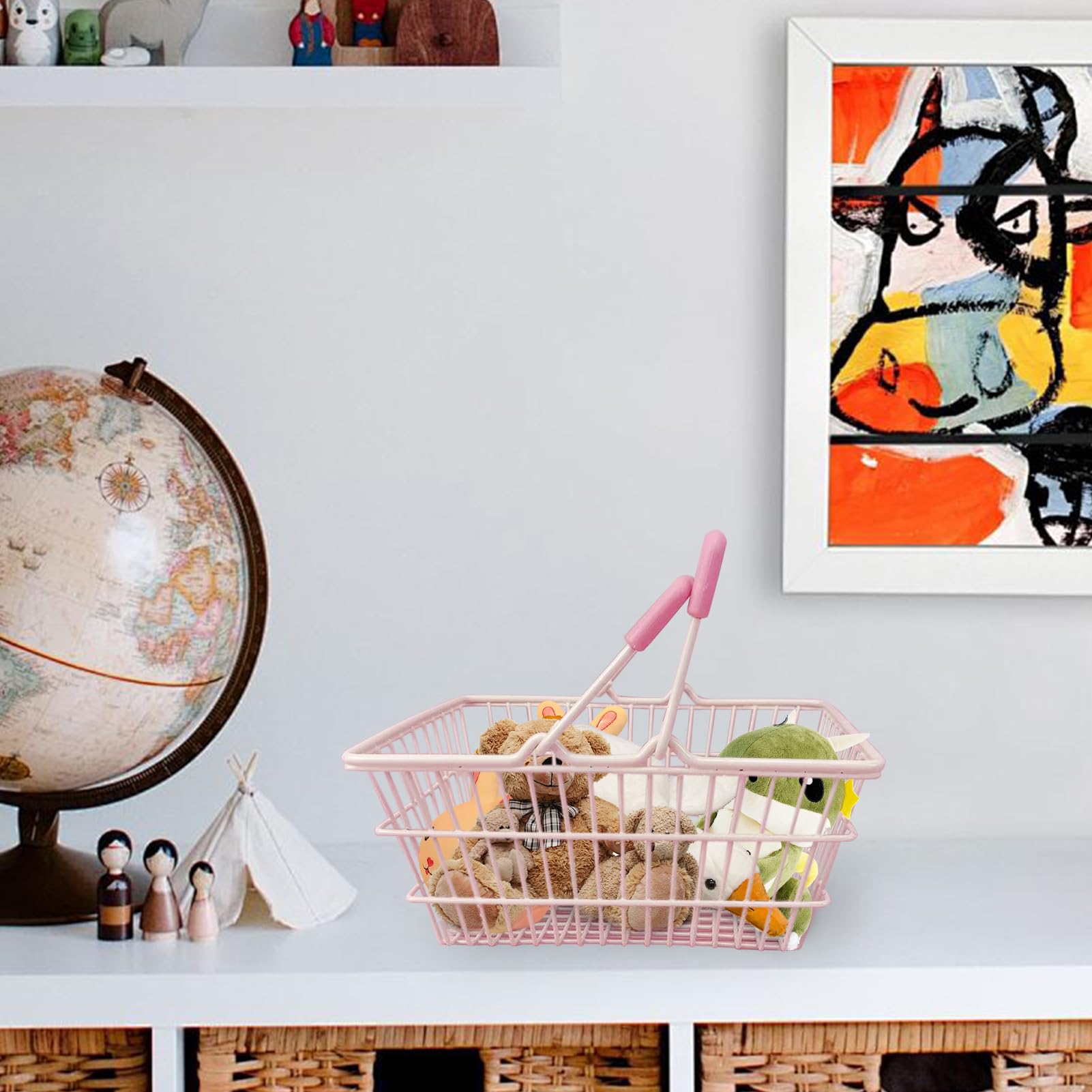 Cyrank Mini Pink Shopping Basket For Kids, Portable Iron Storage Basket With Handles, Good Decoration For Home