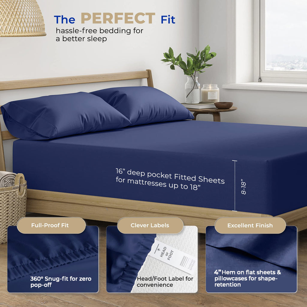 Thread Spread 100% Cotton California King Sheet Sets - 400 Thread Count 4 Pc Cal King Sheet Set - Soft, Breathable Cooling Sheets - Deep Pocket Cal King Cotton Bedsheets - Sateen Bedsheet (Navy Blue)