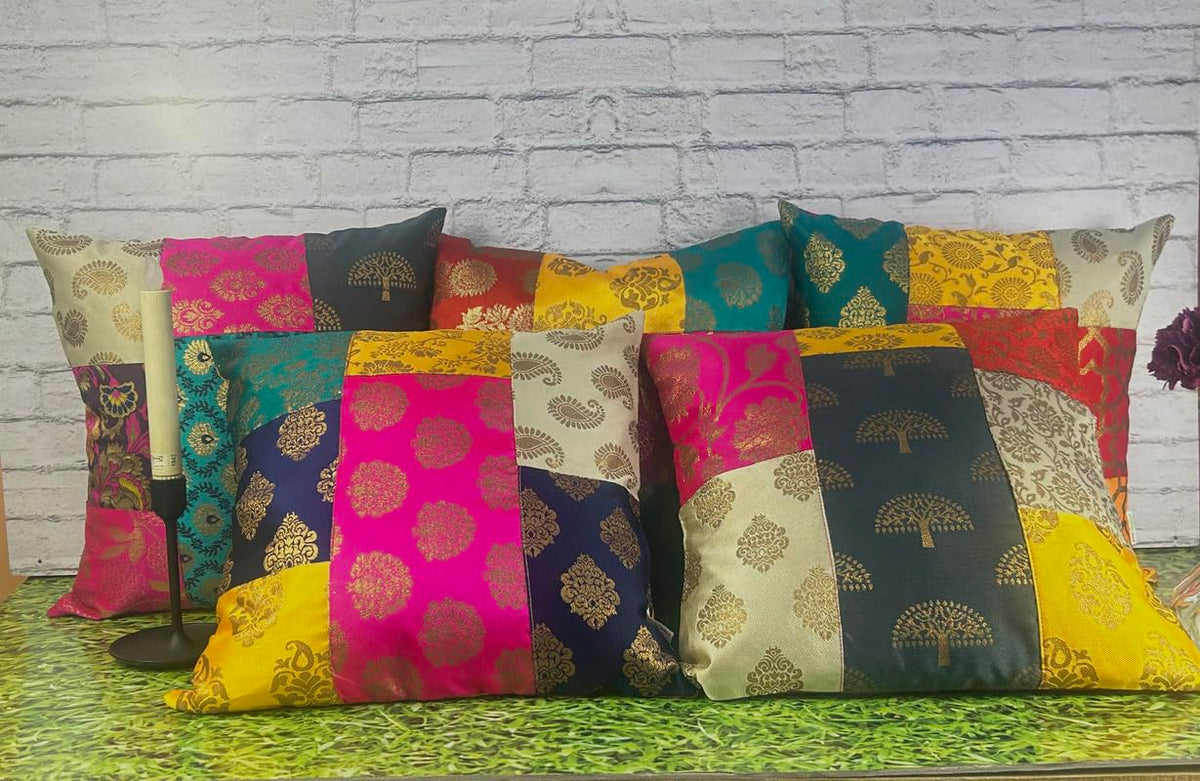 Pink Parrot Artsilk Multicolour 16X16 Inch Cushion Cover Set Of 5 Pcs Code9008