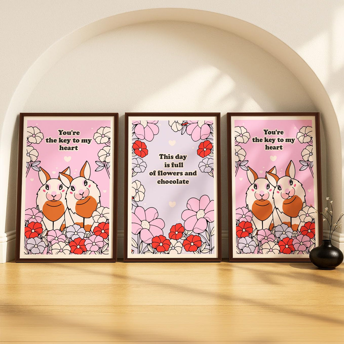 SoulAbiti Valentine Bunnies & Blooms set of 3 Framed Wall Print 12x18 inch Dark Brown Frame PlexiGlass Love Art ready to hang f