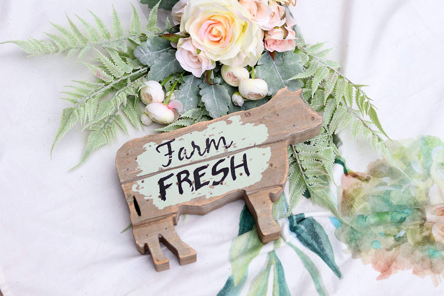 Parisloft Farm Fresh Wood Cow Shaped Sign Tabletop Decor, Carved Cow Statue Home Decor, Animal Sculpture Decorations