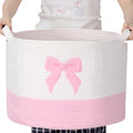 LemonRoad Pink Bow Extra Large Cotton Rope Basket 20x14, Embroidered Woven Baby Laundry Blanket Basket Box with Handle Storage