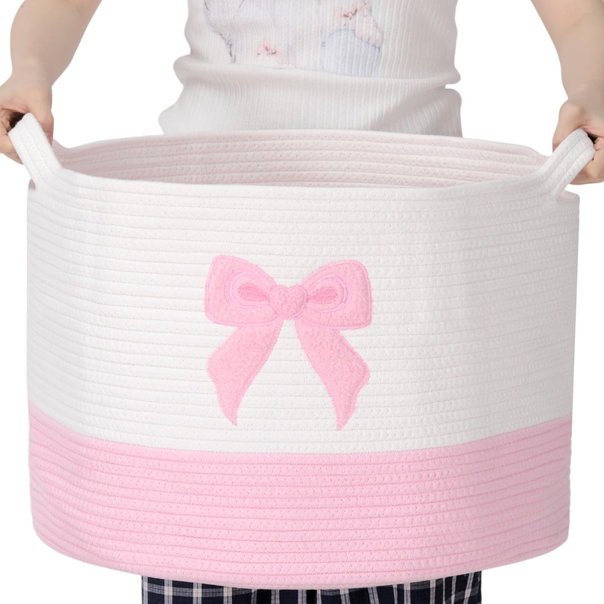 LemonRoad Pink Bow Extra Large Cotton Rope Basket 20x14, Embroidered Woven Baby Laundry Blanket Basket Box with Handle Storage
