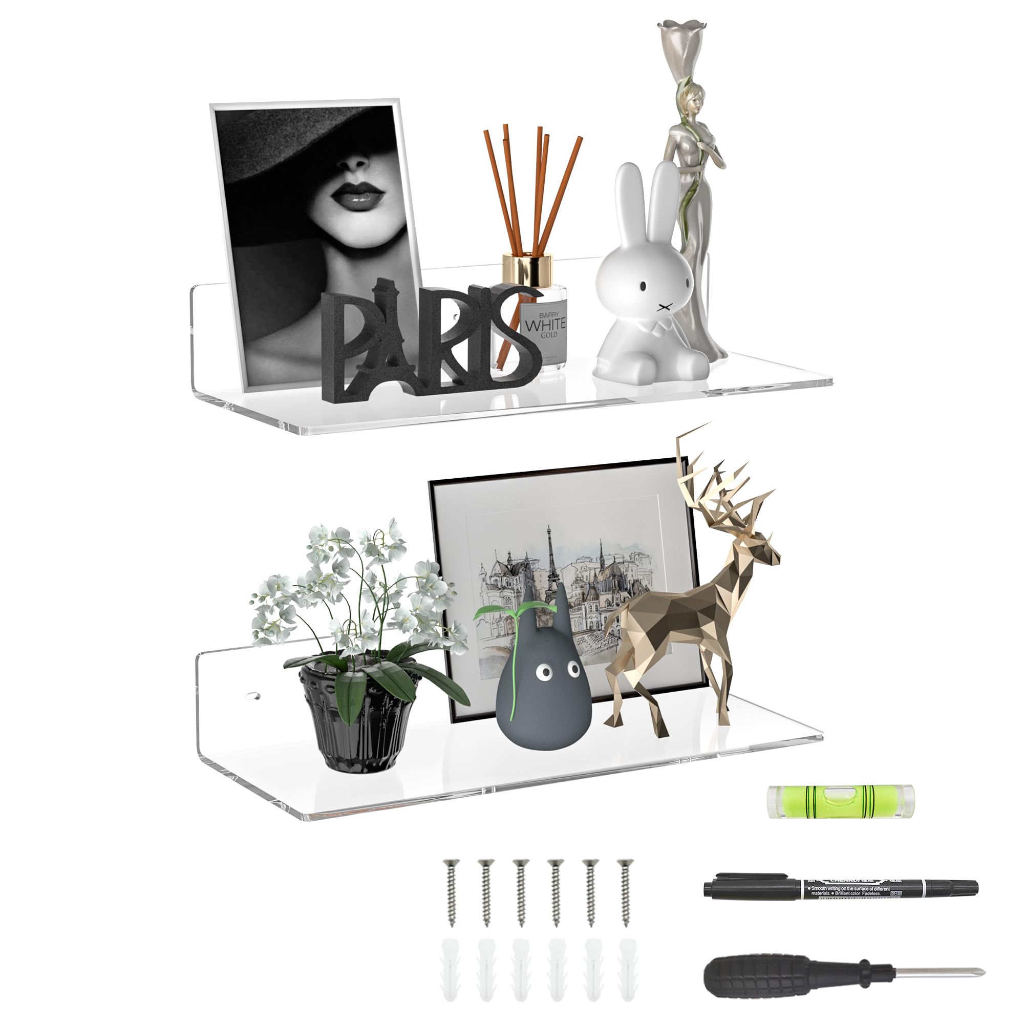 Sezanrpt 15 Inches Clear Acrylic Shelves, Wall Mounted Shelves for Bedroom, Wall Display Shelves for Collectibles, Funko Pop, Sp