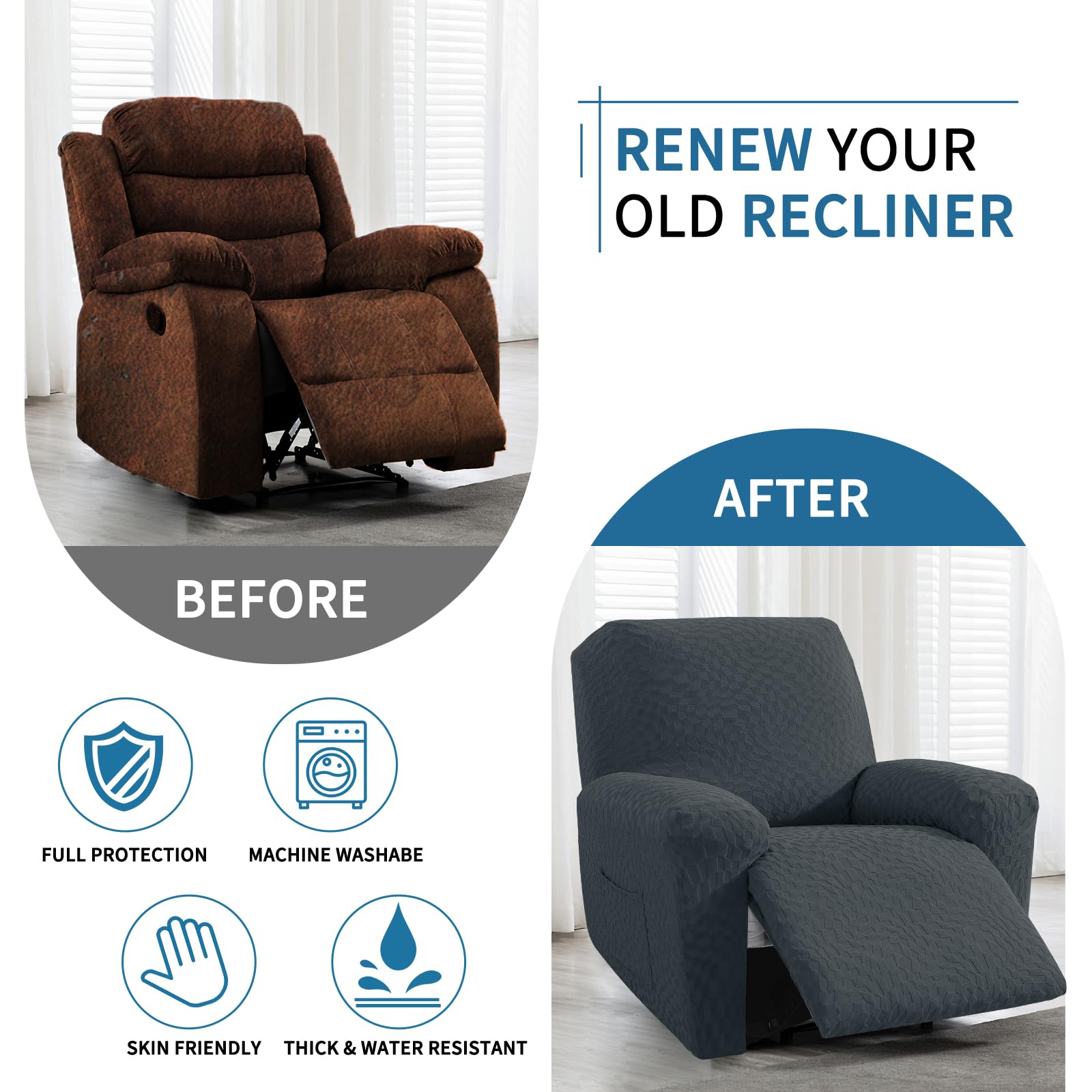 2024 Recliner Chair Covers (24''-37'') Newest 3-Piece With Non-Slip Ties & Elastic Stay In Place, Stretch Recliner Slipcover For