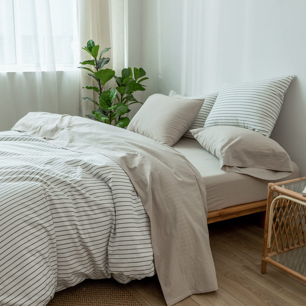Moomee Bedding Sheet Set 100% Washed Cotton Linen Like Textured Breathable Durable Soft Comfy (Cream Grey, Queen)