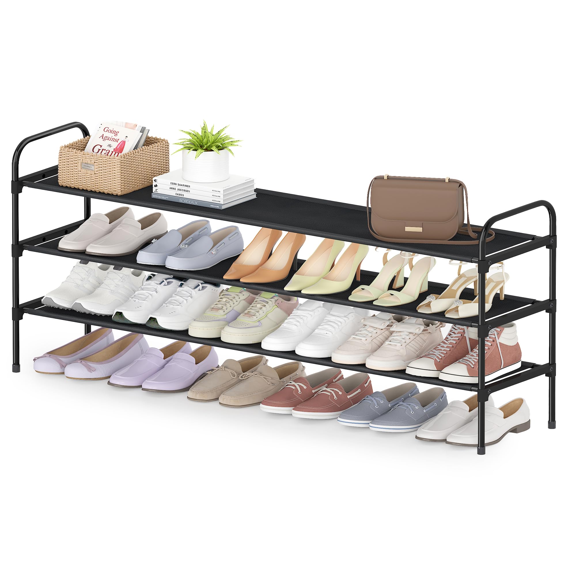 Hithim 3 Tier Long Shoe Rack For Closet, Screw Fastened Plastic Connector Shoe Storage Organizer, Non-Woven Fabric Metal Shoe Sh