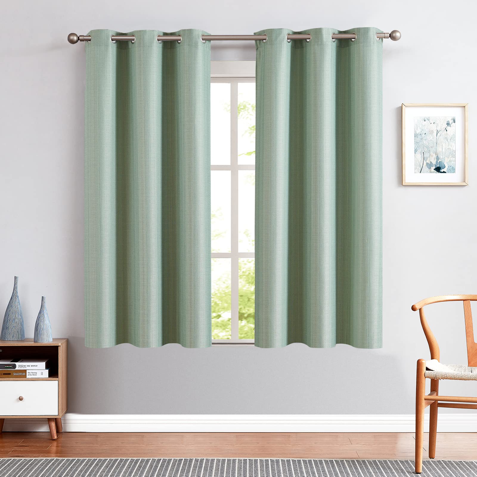 Jinchan Linen Textured Curtains 63 Inch Length 2 Panels For Living Room Heathered Green Curtains Grommet Top Light Filtering Window Drapes For Bedroom