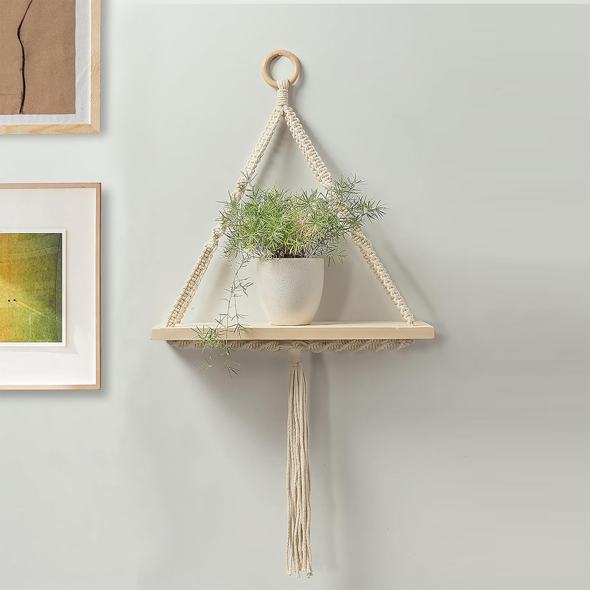 Decorcity Macrame Wall Hanging Shelf, Wall Decor, Multipurpose Wall Hanging Decoration, Pine Wood Floating Shelve With Wooden Do