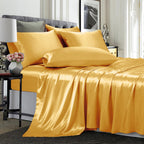 TREELY 4 Piece Satin Sheets Twin Size Silky Smooth Gold Satin Sheet Set with Deep Pocket, Satin Fitted Sheet, Flat Sheet, 2 Sati