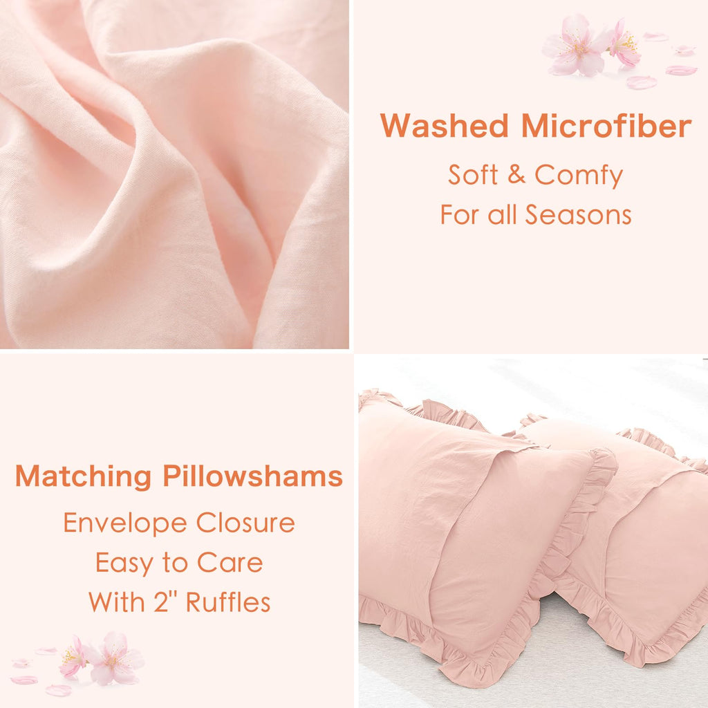 Masaca Shabby Ruffled King Comforter Set,Farmhouse Blush Pink Bedding Comforter Lightweight Ultra Soft Vintage French Country Mi