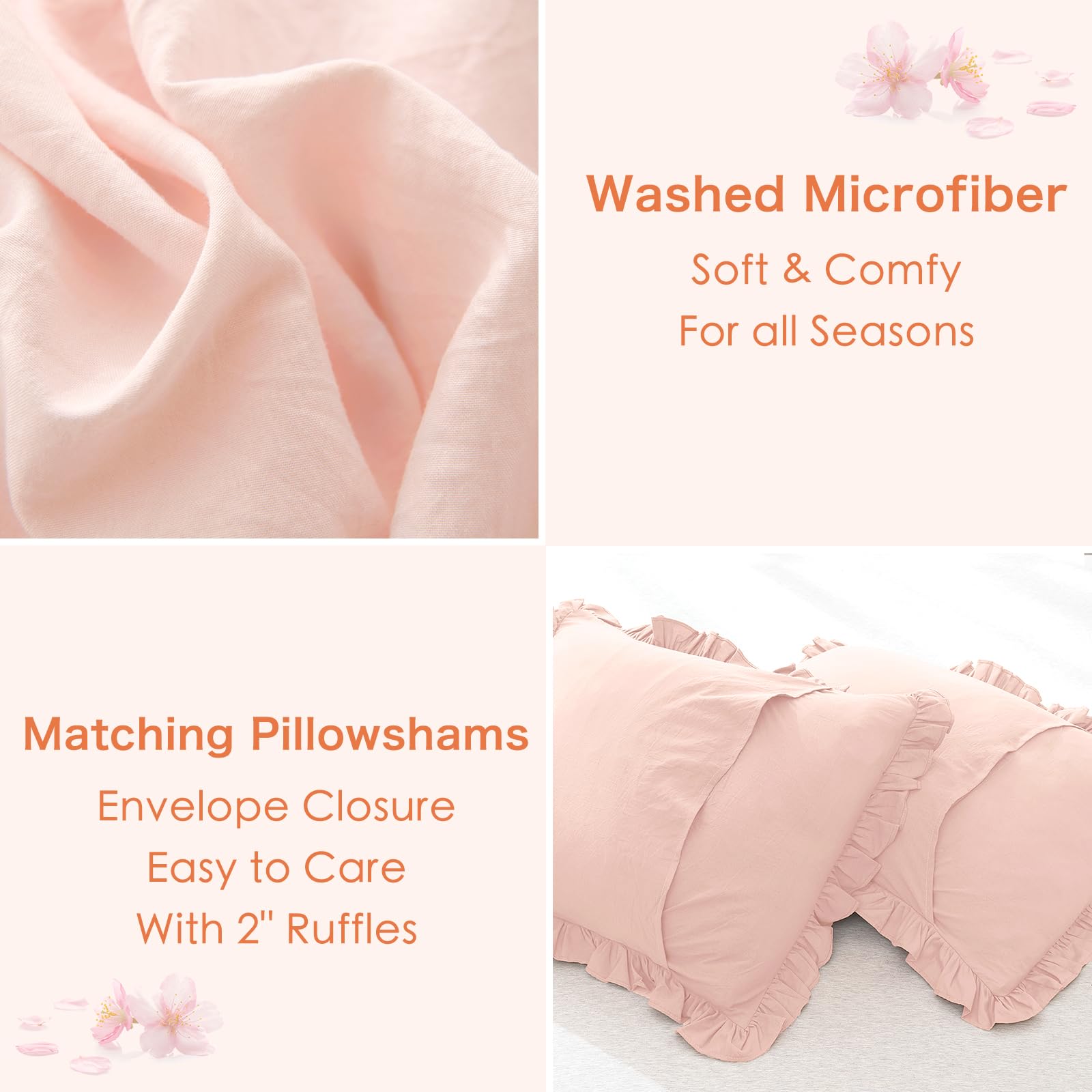 Masaca Shabby Ruffled King Comforter Set,Farmhouse Blush Pink Bedding Comforter Lightweight Ultra Soft Vintage French Country Mi