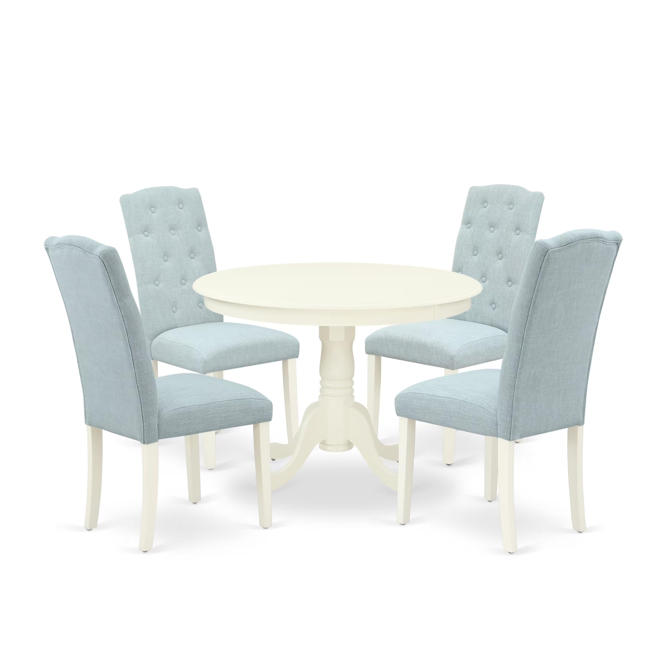 East West Furniture Hlce5-Lwh-15 5 Piece Dining Table Set For 4 Includes A Round Kitchen Table With Pedestal And 4 Baby Blue Linen Fabric Upholstered Parson Chairs, 42X42 Inch, Linen White