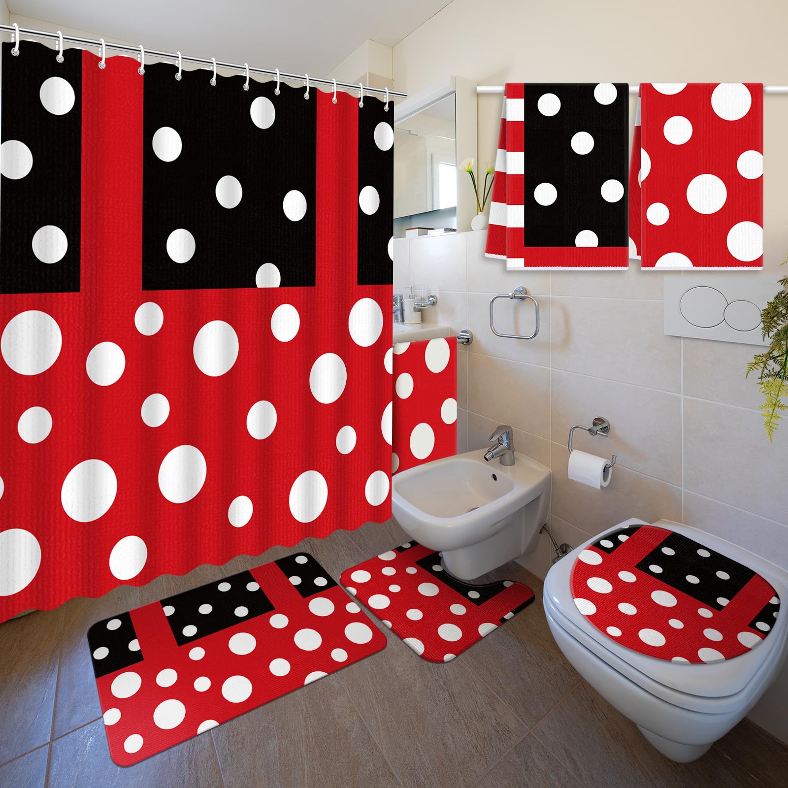 Nuanchu 6 Pcs Red Black Polka Dot Shower Curtain Set with Rug Polka Dot Bathroom Sets with Shower Curtain Bath Mat U Shaped Mat 