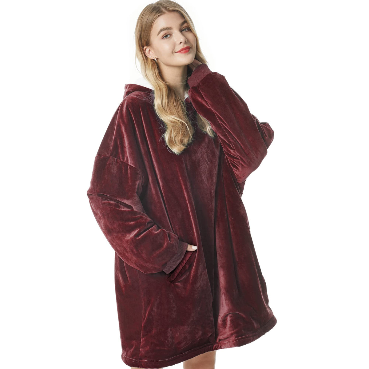 Felicigeely Blanket Hoodie, Oversized Wearable Blanket Sweatshirt For Adults Women Men Warm Cozy Thick Red Hoodie Blanket With P