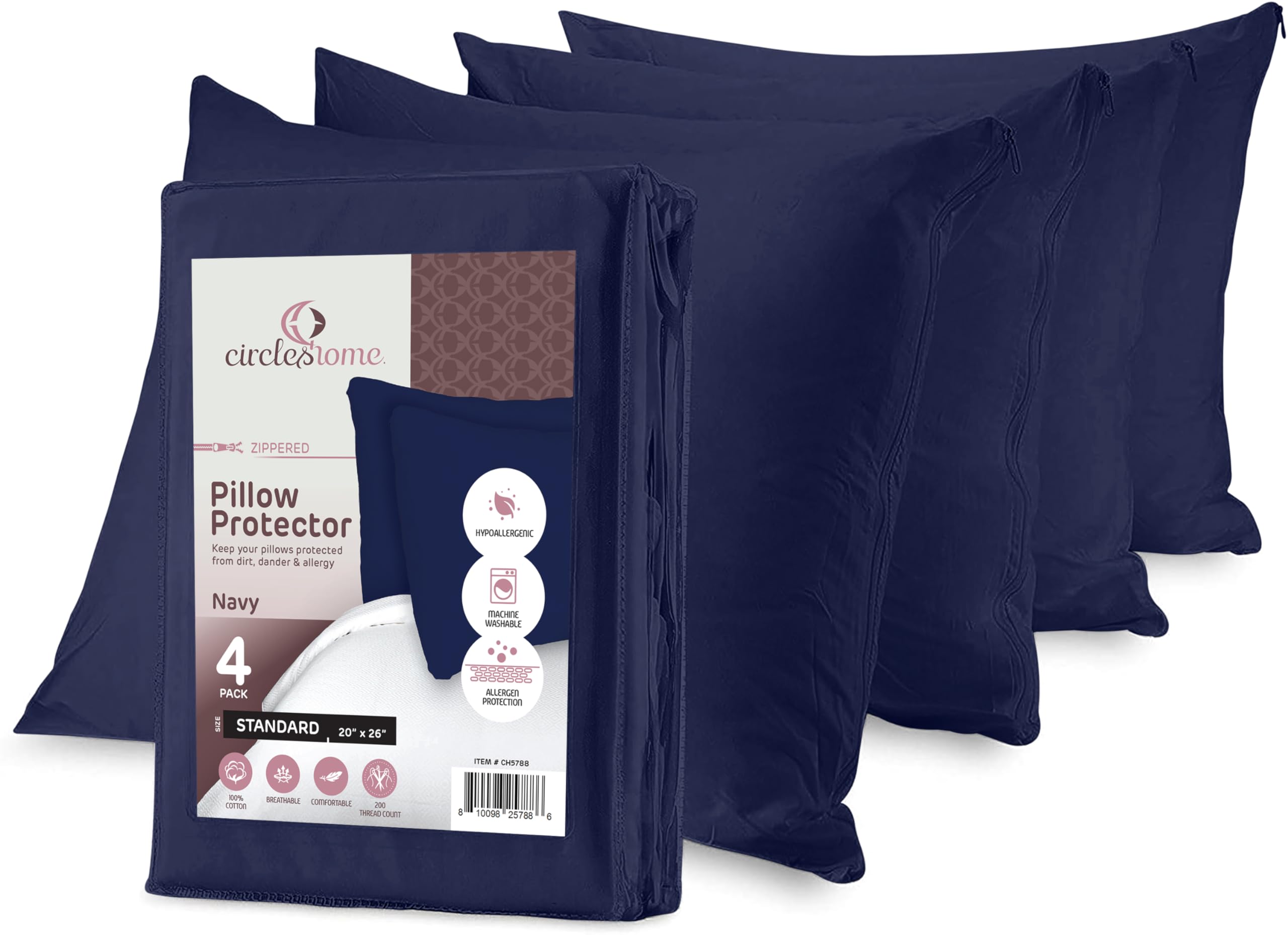 Circleshome Pillow Protectors 4 Pack Standard Zippered - 100% Cotton Breathable Pillowcases - Protects Pillows From Dirt, Dust A