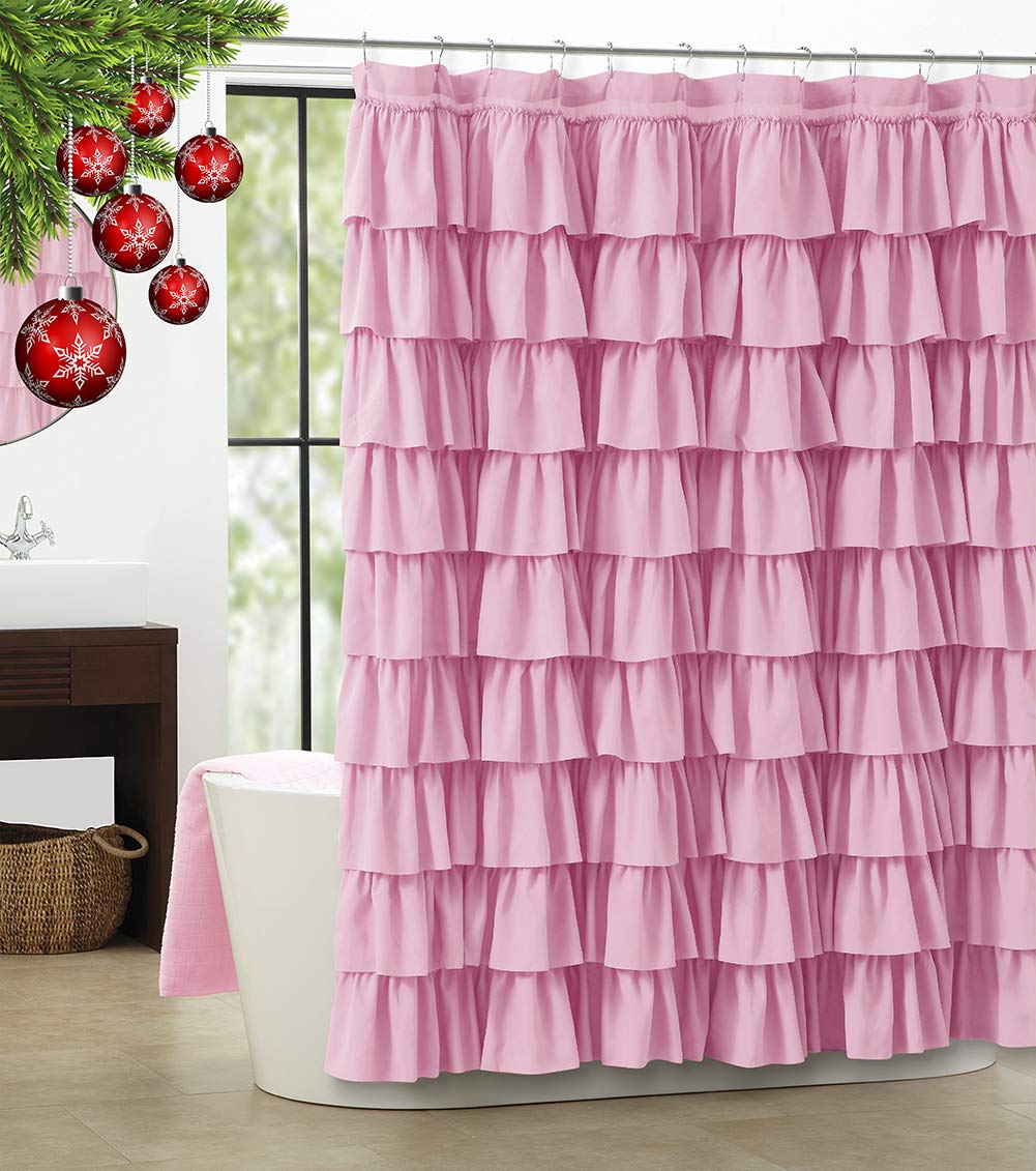 Westweir Ruffle Shower Curtain,84-Inches Extra Long,Pink Ruffled Bath Curtains For Bathroom,Fabric Farmhouse Decor,Soft Touch De