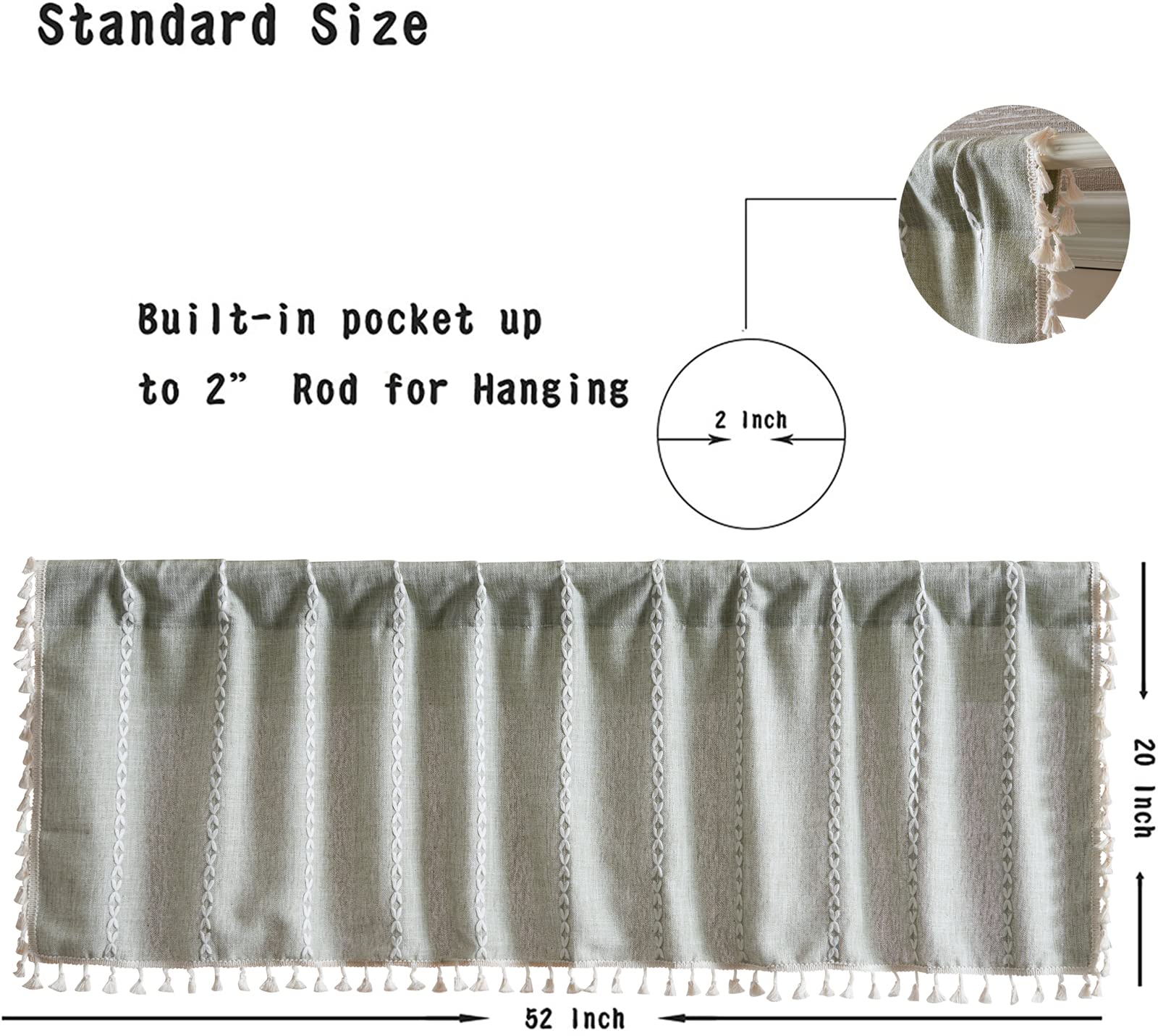 Roomtalks Sage Green Boho Kitchen Valances For Windows Rod Pocket 18’’L X 52’’W Spring Summer French Striped Modern Farmhouse Chic Tassel Curtain Valances For Bathroom Living Room