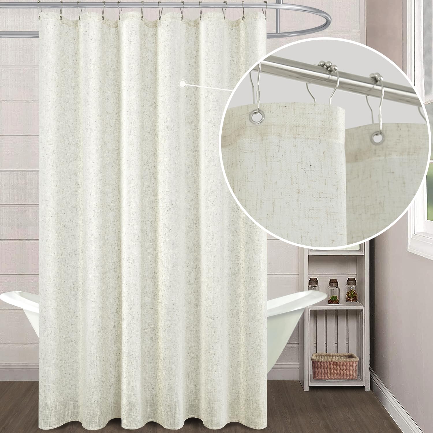 Koufall 90 Inch Shower Curtain Long,Linen Fabric Boho Farmhouse Neutral Extra Long Shower Curtains For Bathroom 90 In Length,Cre