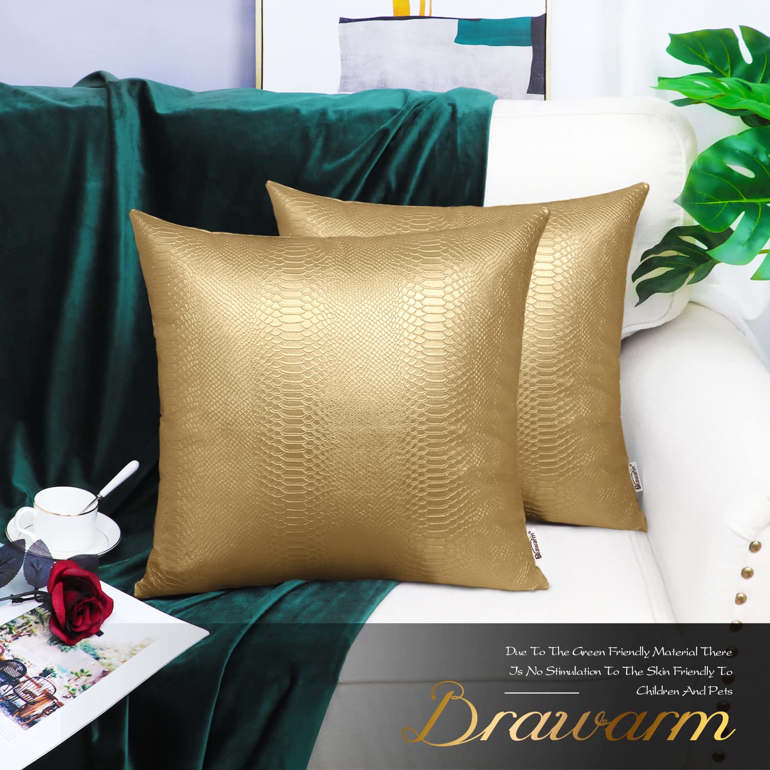 Brawarm Gold Leather Throw Pillows 16 X 16 Inches, Snake Leather Pillow Covers Pack Of 2, Faux Leather Decorative Pillow Covers