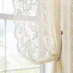 FINECITY 96 Inches Long Beige Lace Curtains 2 Panels Set, Country Rustic Leaf Floral Knitted Vintage Lacy Curtains for Living Ro