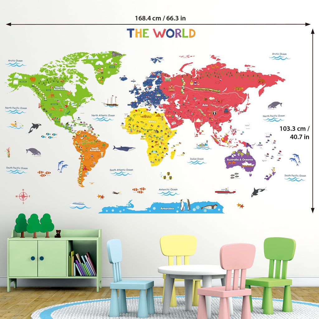 Decowall Dl3-2212 Xlarge World Map Kids Wall Stickers (59X40 Inch) Decals Peel And Stick Removable For Nursery Bedroom Living Ro
