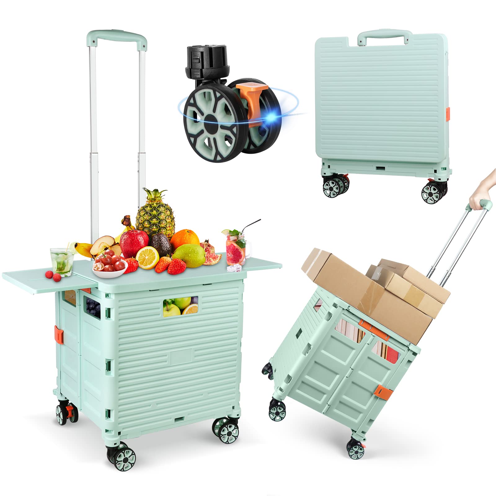 Felicon Selorss Folding Utility Cart Portable Rolling Crate Handcart With Magnetic Sliding Lid Telescoping Handle Plastic Box Do