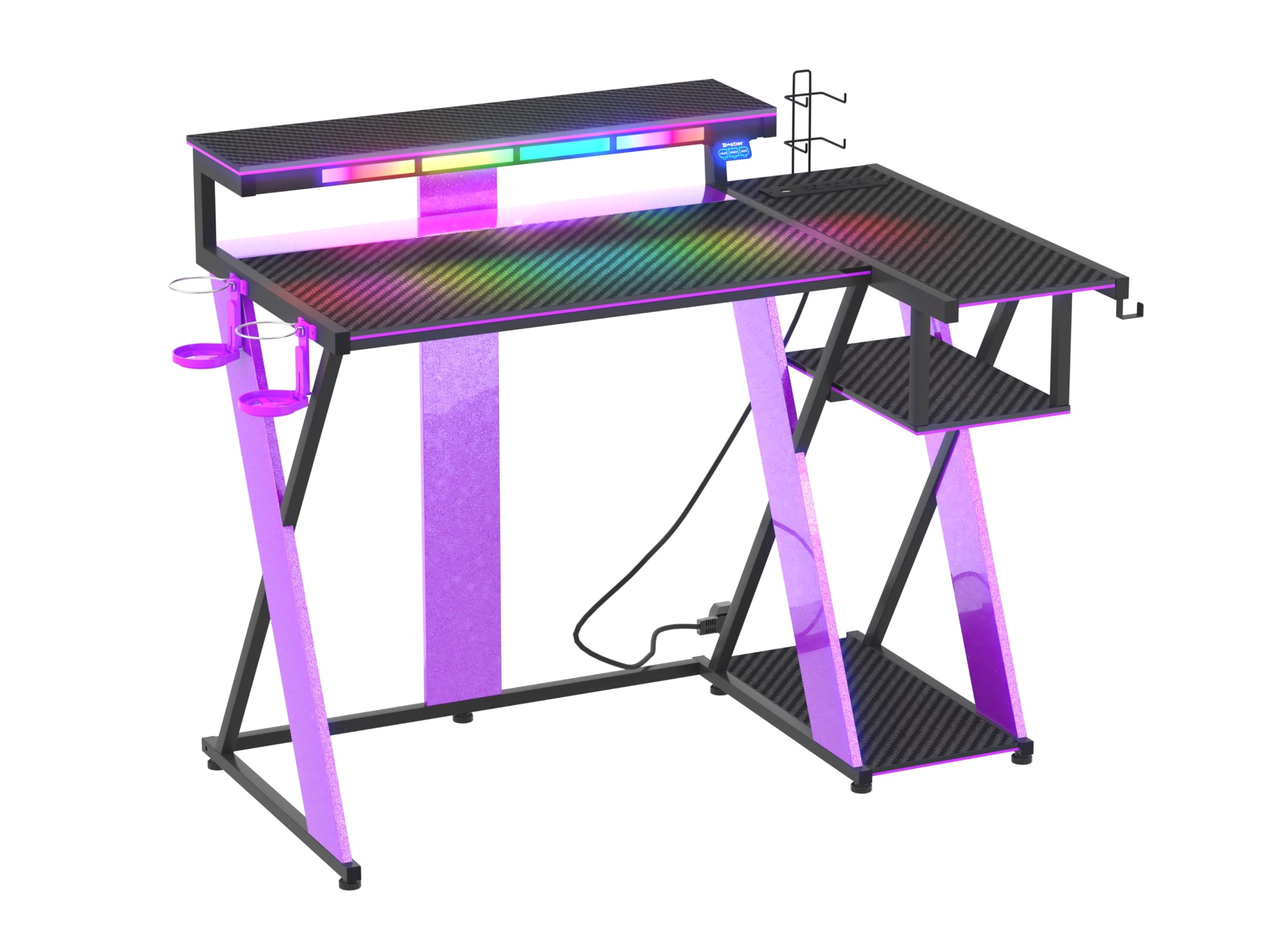 Bestier Computer Desk with Music Sync Light, Flow Vibe Corner Gaming Desk with Monitor Stand and PS5 Storage Shelves, Cup Holder
