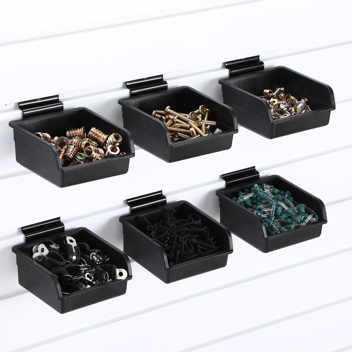 Briwooody 6 Pcs Slatwall Bins with Hooks Set, 4.1 x 4.1 x 1.89 Inch Slatwall Containers Wall Mounted Storage Bins for Organizing