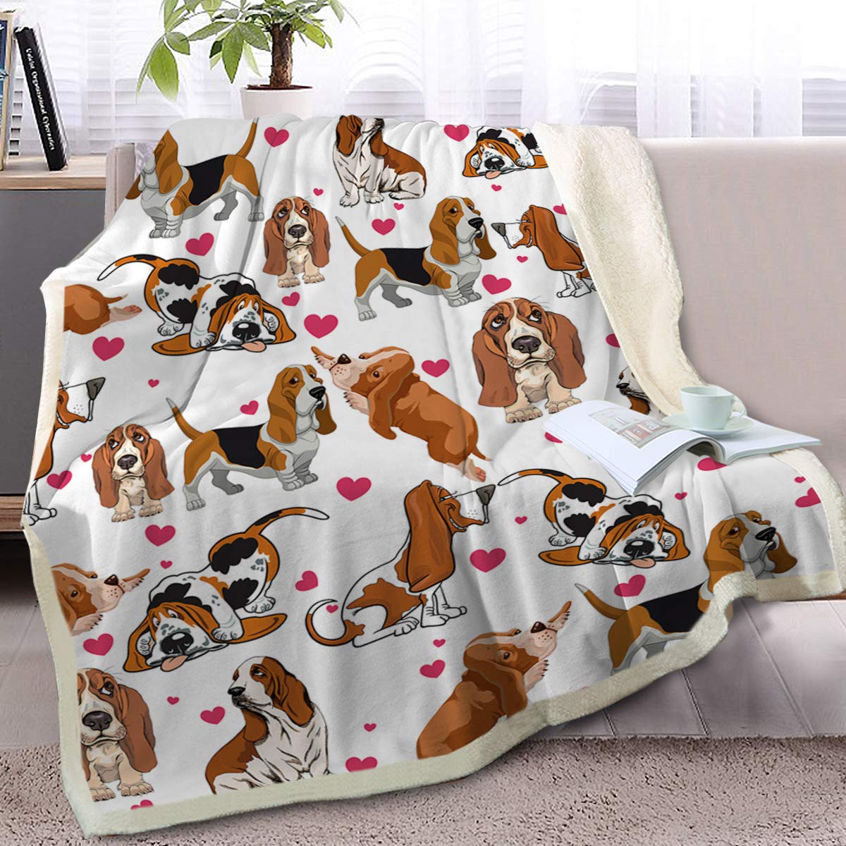 Blessliving Basset Hound Blanket Red Hearts Dog Fleece Thick Warm Blanket Cute Puppy Sherpa Throws For Kids Adults 3D Animal Pri