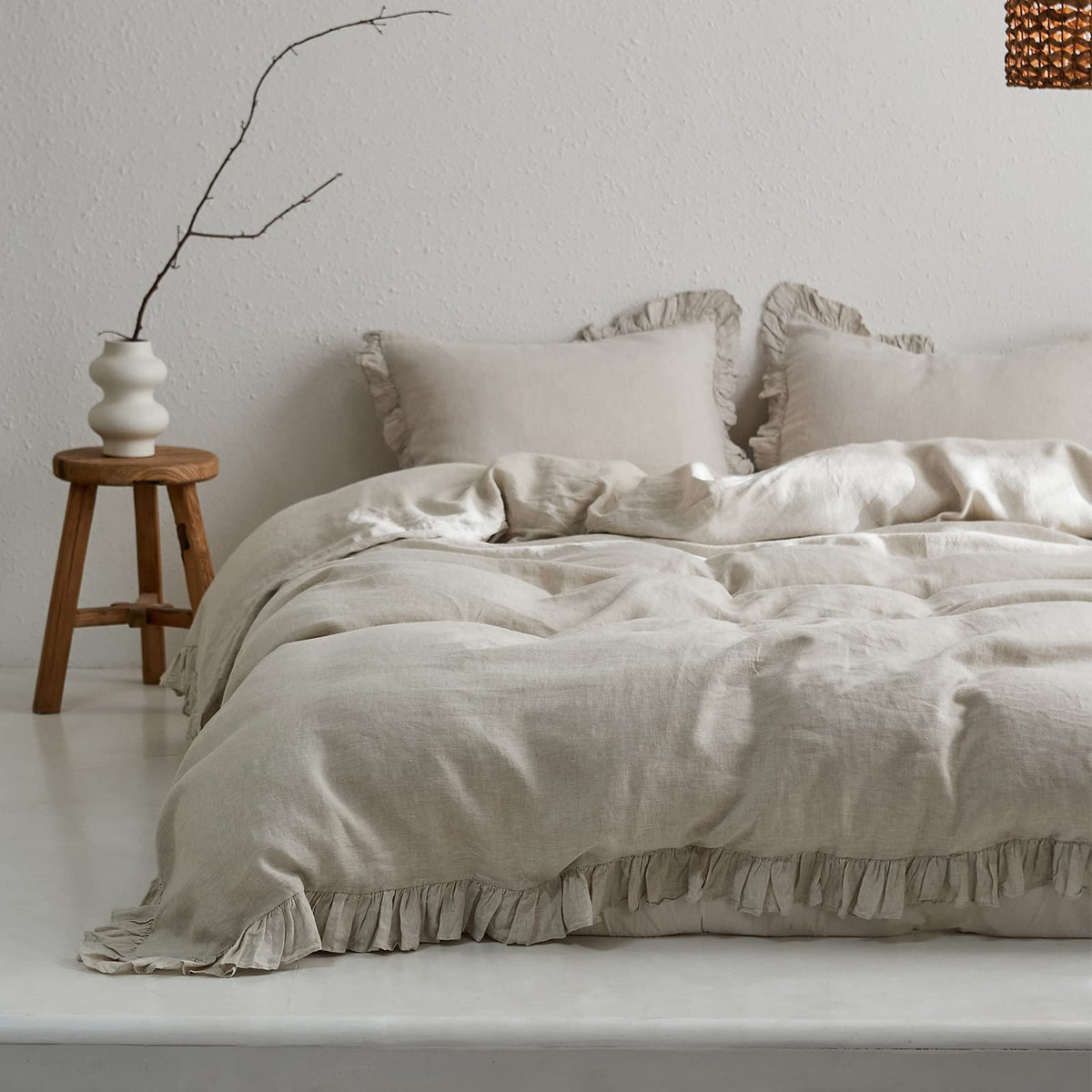 Simple&Opulence 100% Washed French Linen Duvet Cover Set-Queen Size-3 Pieces Premium Ruffled Farmhouse Bedding 1 Comforter Cover