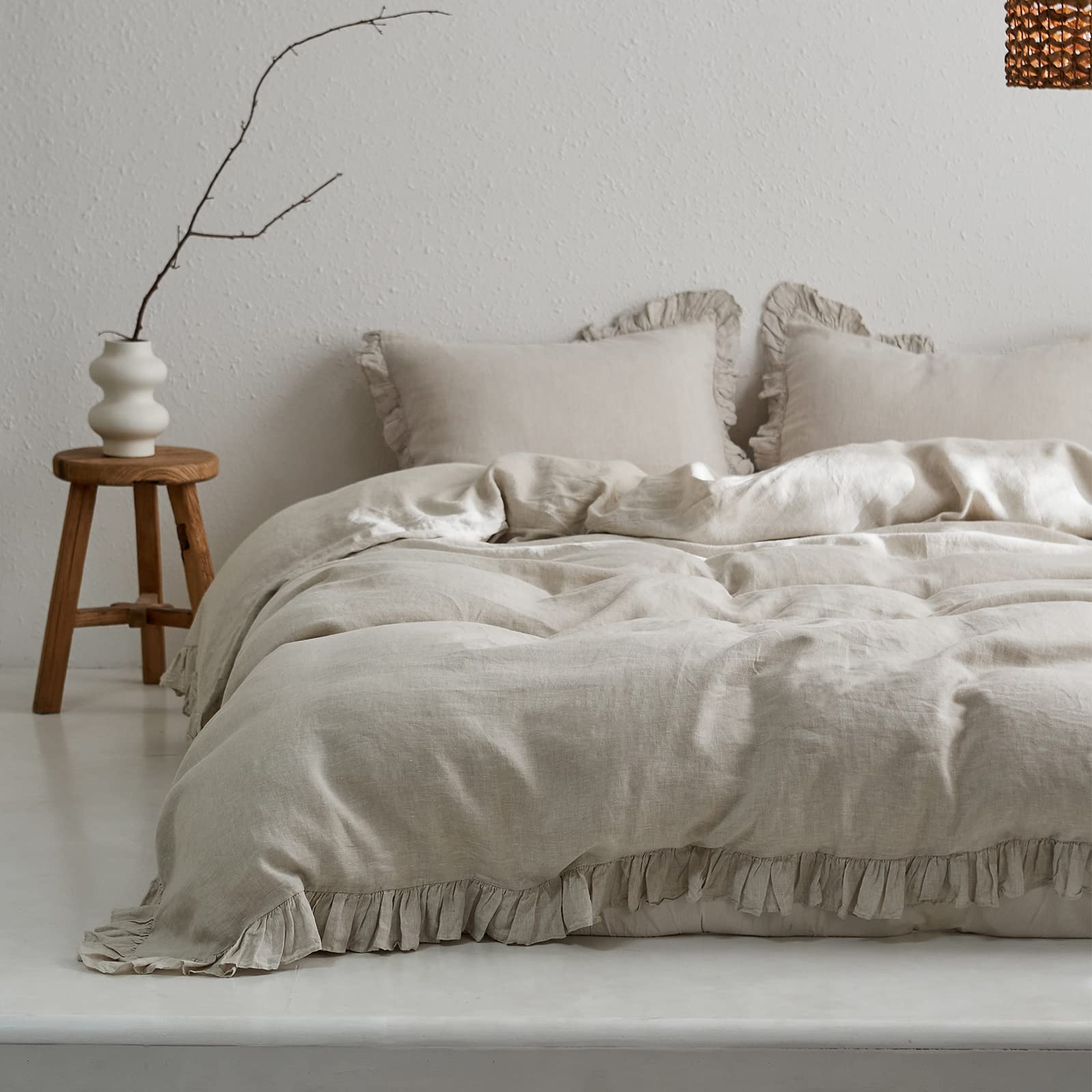 Simple&Opulence 100% Washed French Linen Duvet Cover Set-Queen Size-3 Pieces Premium Ruffled Farmhouse Bedding 1 Comforter Cover