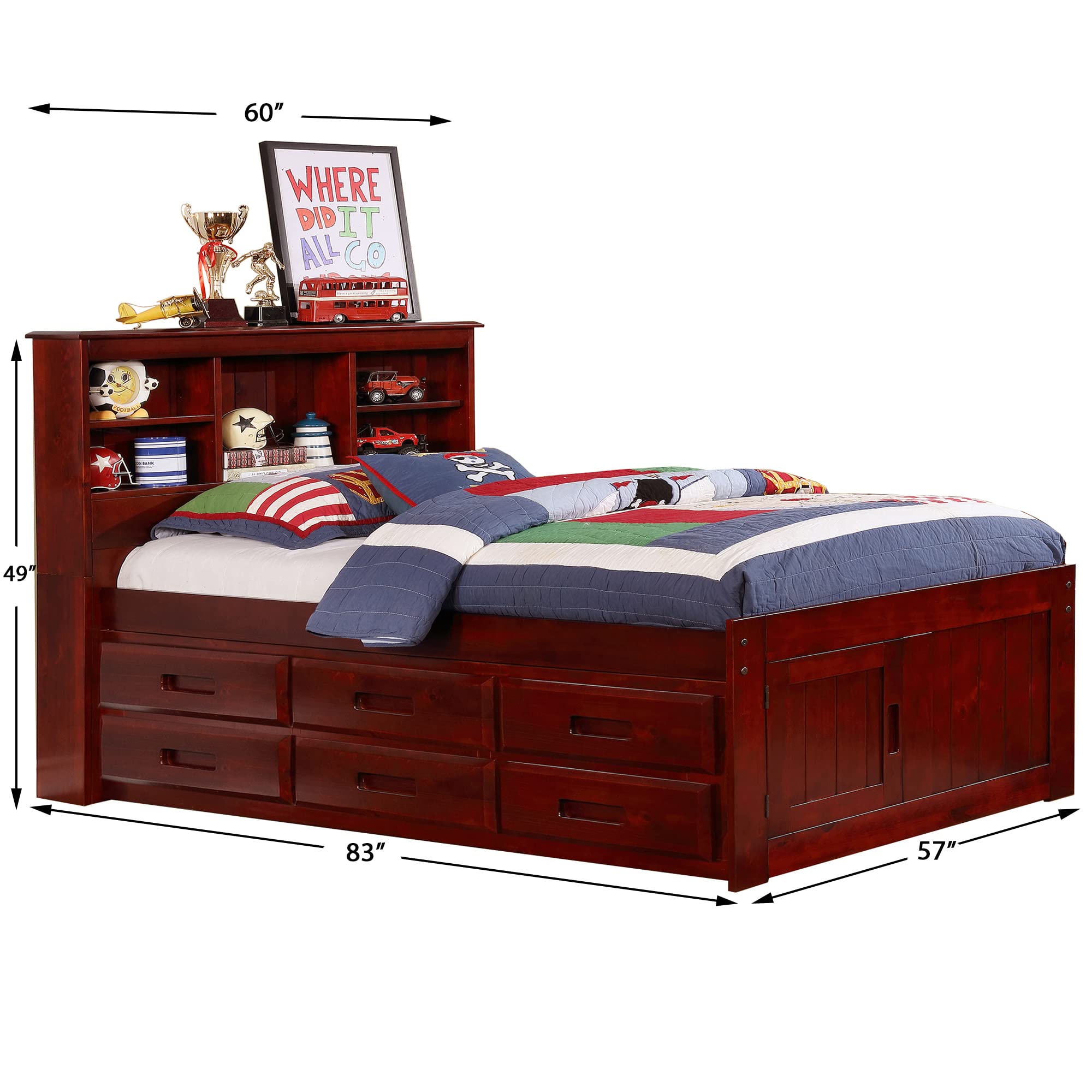 OS Home and Office Furniture Model 82821K6-22 Solid Pine Full Captains Bookcase Bed with 6 Drawers in Rich Merlot