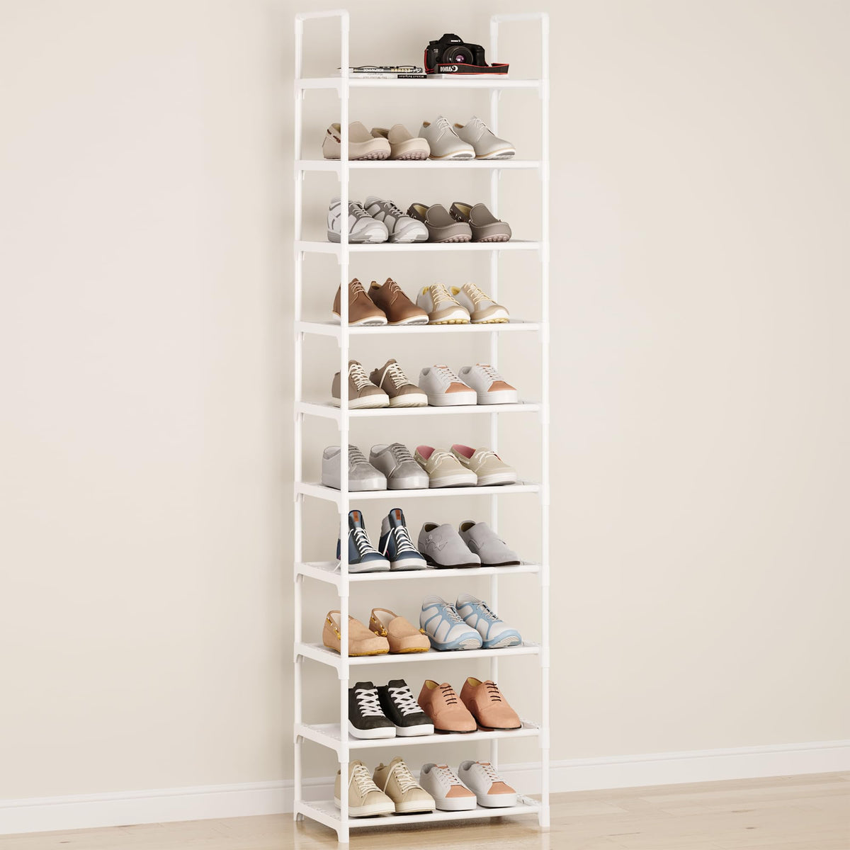 Hockmez 10-Tier Tall Shoe Rack, Adjustable 20-25 Pairs Shoe Shelf Storage Organizer For Entryway Hallway Closet Bathroom Living Room (White)