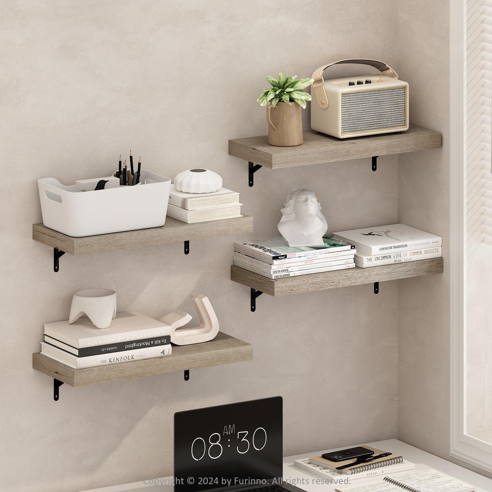 Furinno Tanna 22-Inch Wall Mounted Floating Display Shelves, Natural, Set of 4