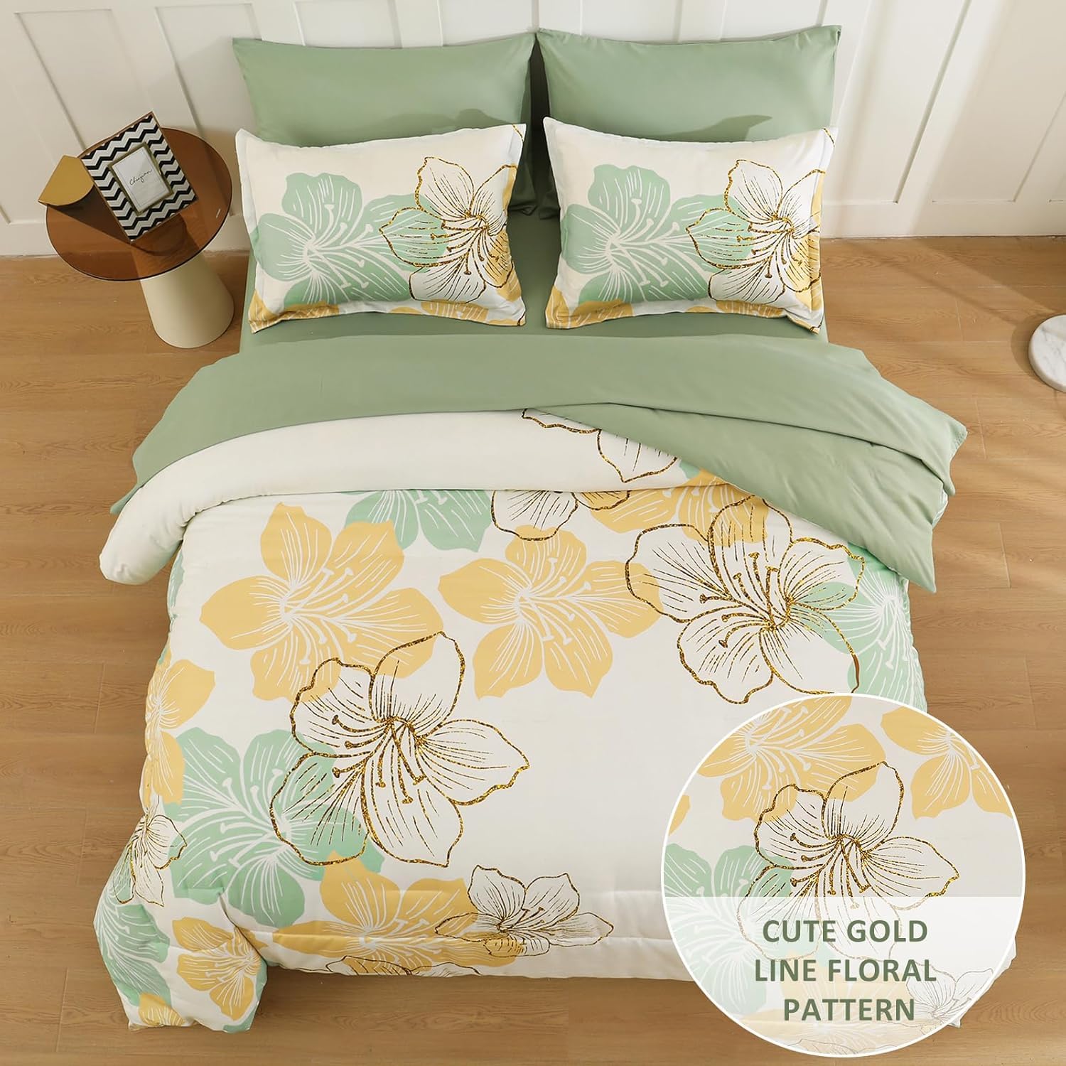 Luxudecor Sage Green Floral Comforter Set King Size, 7 Pieces Bed In A Bag Gold Glitter Metallic Comforter And Sheet Set, Soft M
