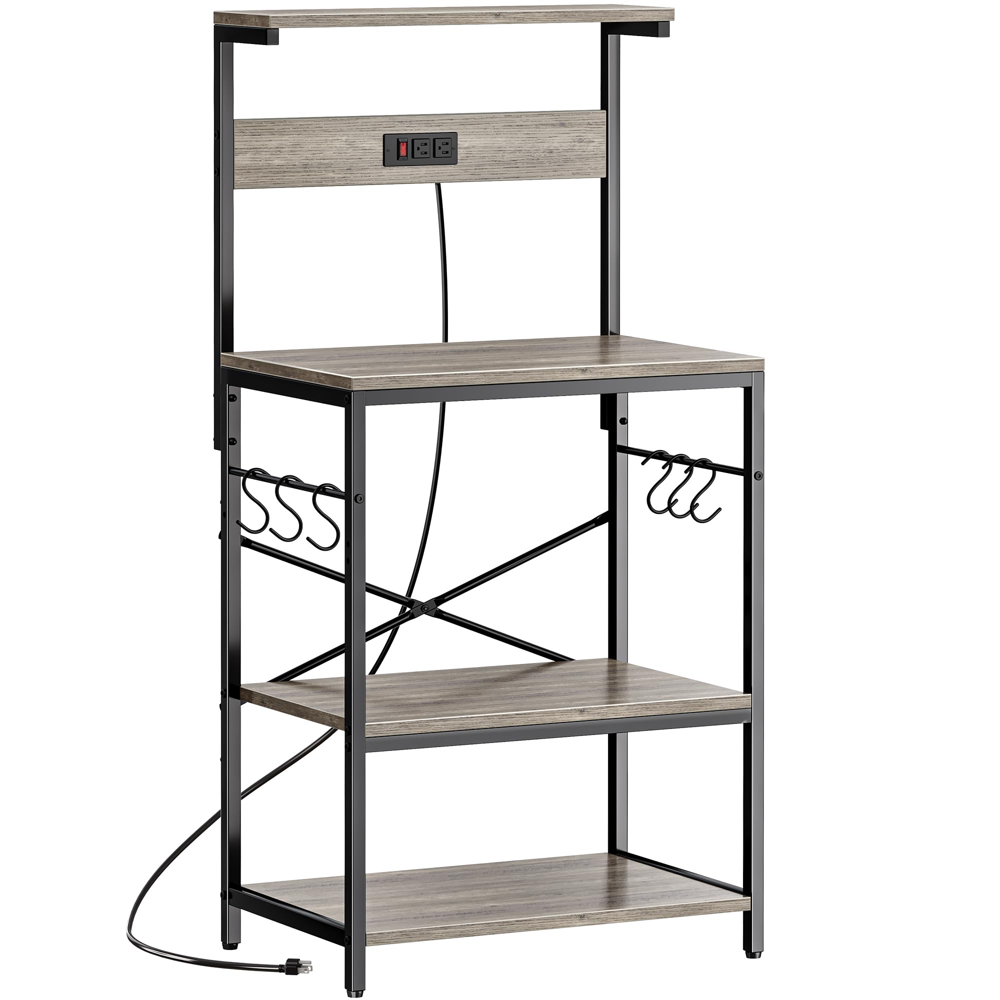 Superjare Kitchen Bakers Rack With Power Outlet, Coffee Bar Table 4 Tiers, Kitchen Microwave Stand With 6 S-Shaped Hooks, Kitche