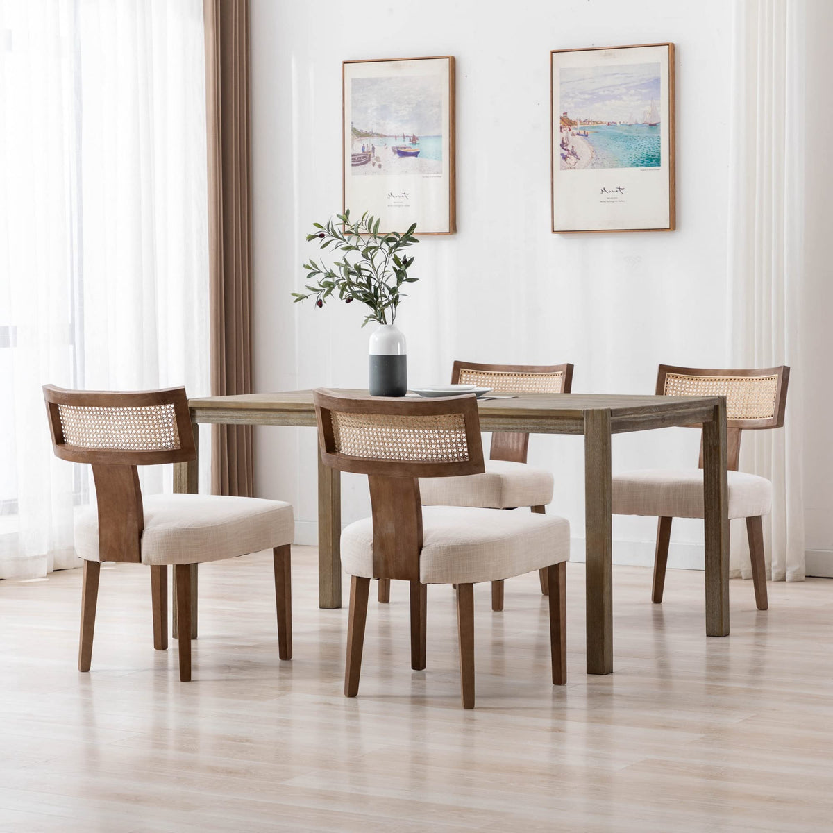 Rivova Rattan Back Dining Chairs Mid Century Modern Dining Chairs Set Of 4 Rattan Kitchen Chairs Linen Fabric Upholstered Side C