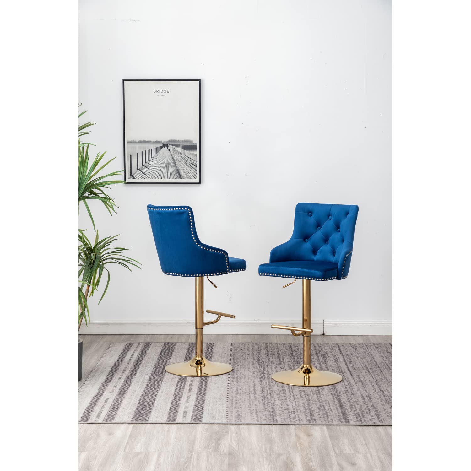 Best Master Furniture Brightcast 2-Piece Velvet Tufted Gold Bar Stools In Blue