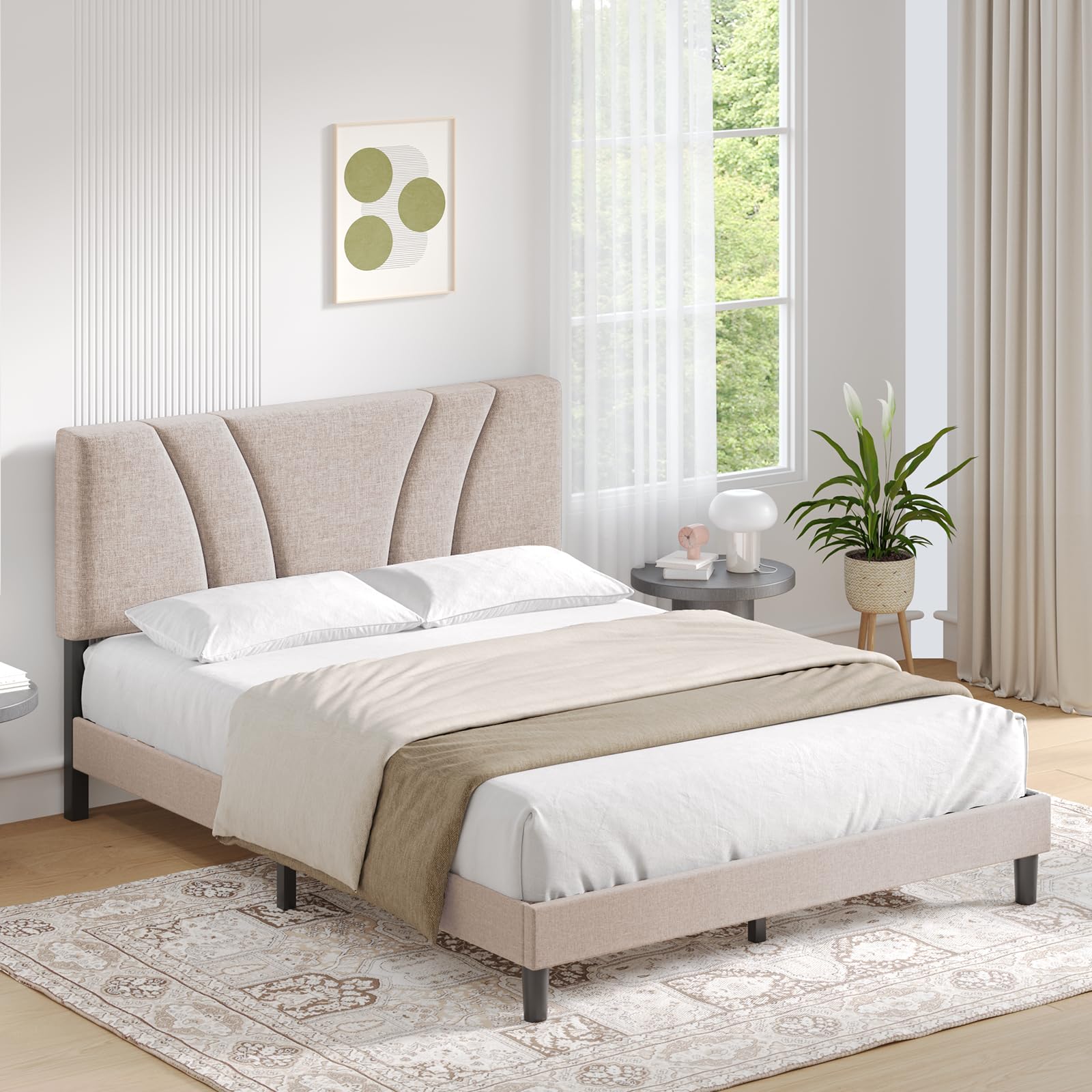 Novilla Full Size Bed Frame with Adjustable Headboard Platform Full Bed Frame with Linen Fabric Upholstered Headboard, No Box Sp