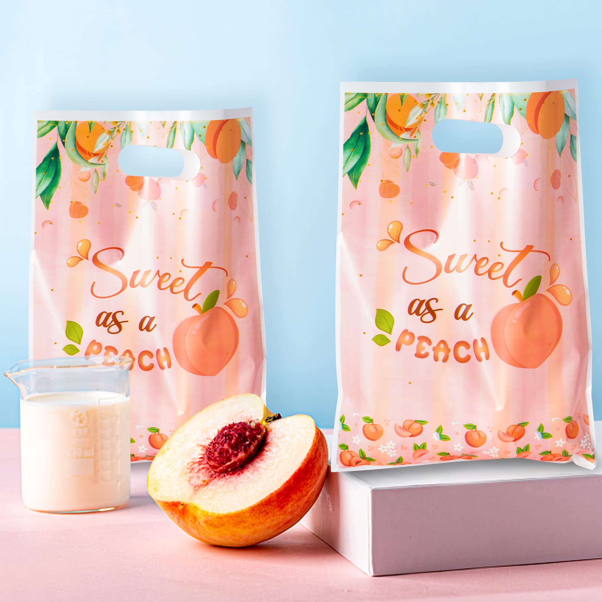 Haooryx 50Pcs Sweet As A Peach Party Favor Bags, Plastic Goodie Candy Bag Gift Wrapping Bags Birthday Gift Accessories Treat Bag