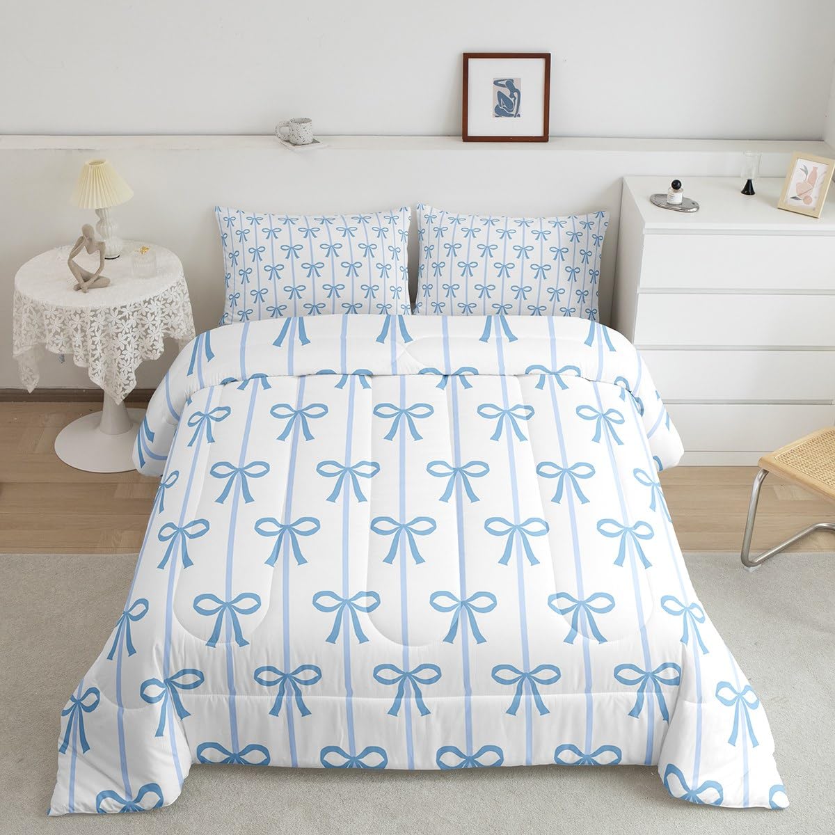 Feelyou Kids Girls Blue Bow Comforter Set,Cute Bowknot Bedding Set Full Size,Blue Stripe Bow Comforter,Kawaii Bed Set