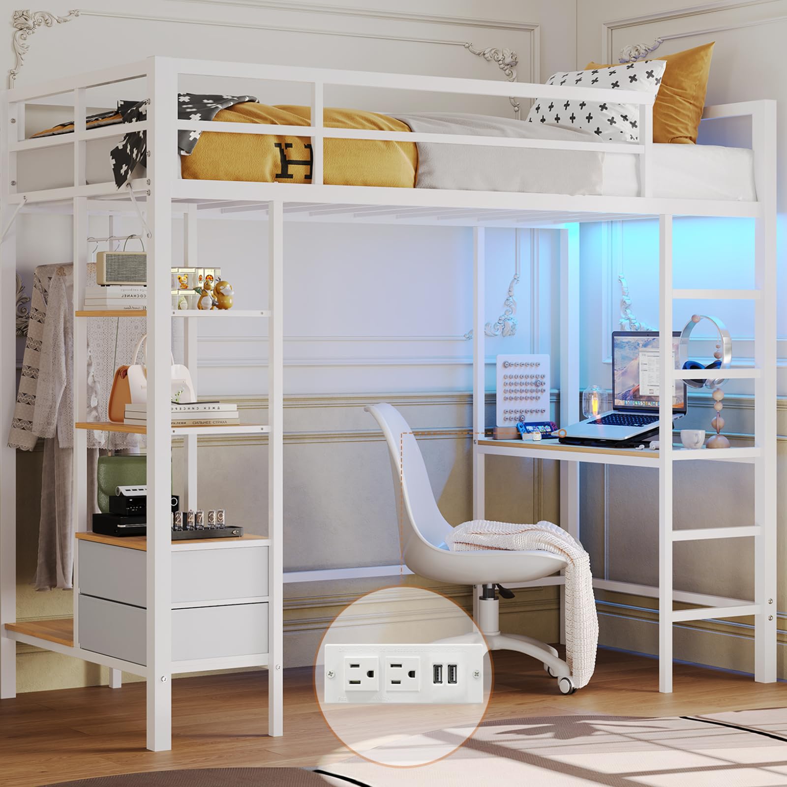 DICTAC Loft Bed Twin Size with Desk and Charging Station Metal Loft Bed with Led Lights,Storage Shelves and Drawers Twin Size Be