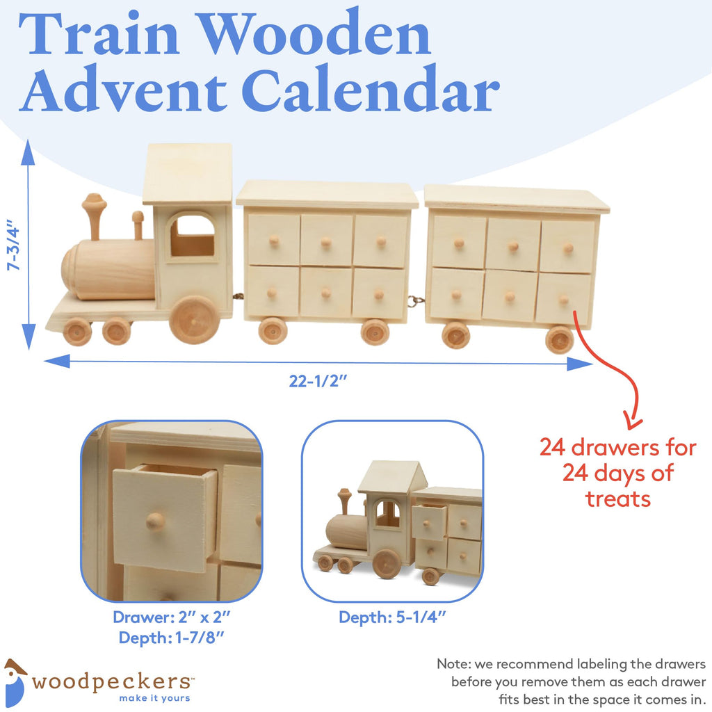 Train Wood Advent Calendar 8 X 22 Inch, Pack Of 2 Unfinished Christmas Advent Calendar With 24 Empty Drawers For Crafts, By Wood